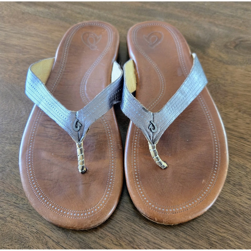 Olukai Women's 2015 WANA 20242 Leather Flip-Flop Sandals Pewter US8/EU38